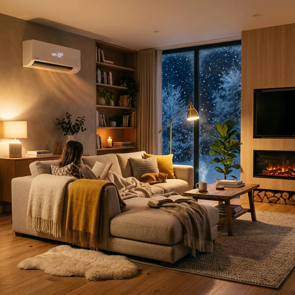 Modern cozy living room heated by a heat pump