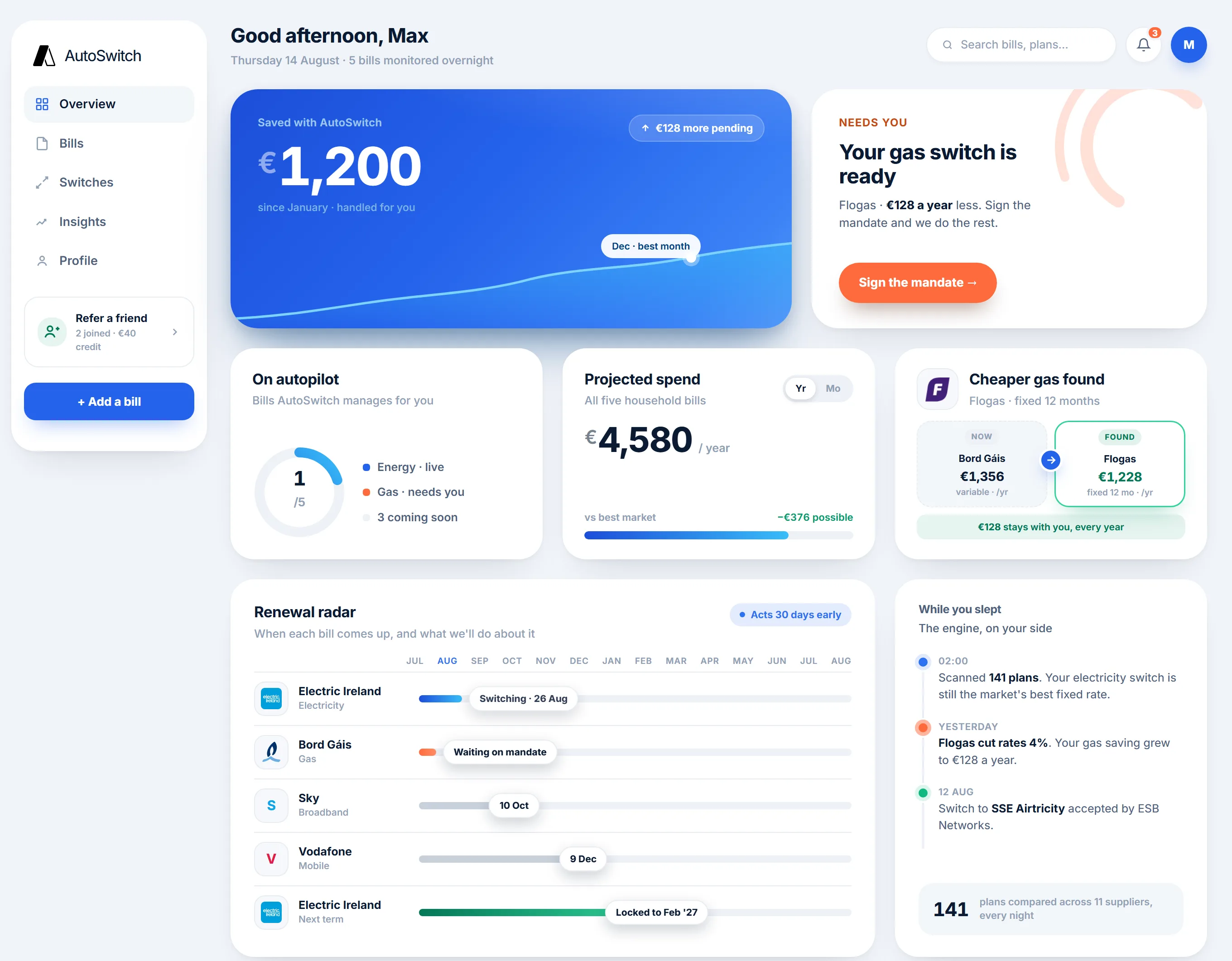 The AutoSwitch dashboard: total savings, a renewal radar and household bills, with a switch in progress