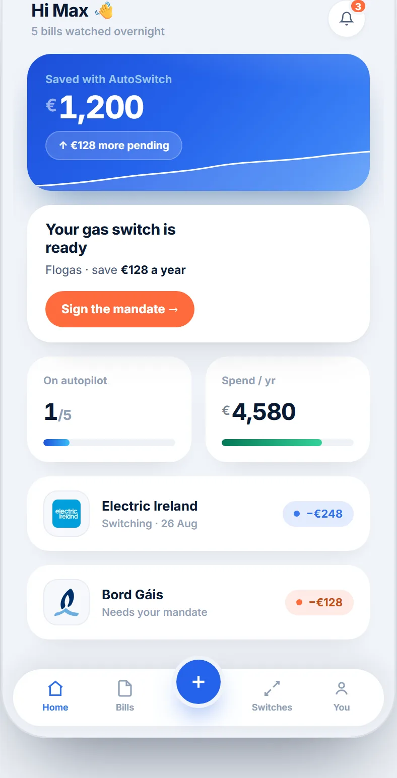 The AutoSwitch dashboard on a phone